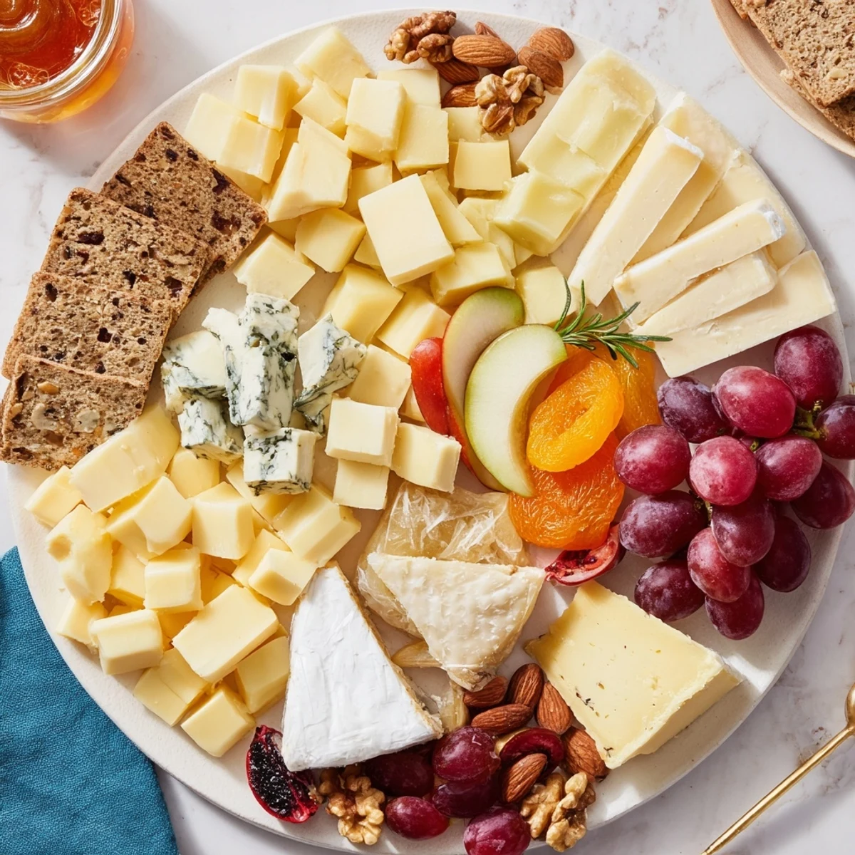 This colorful housewarming open house spread includes a selection of cheeses, nuts, crackers, and fruits for grazing.