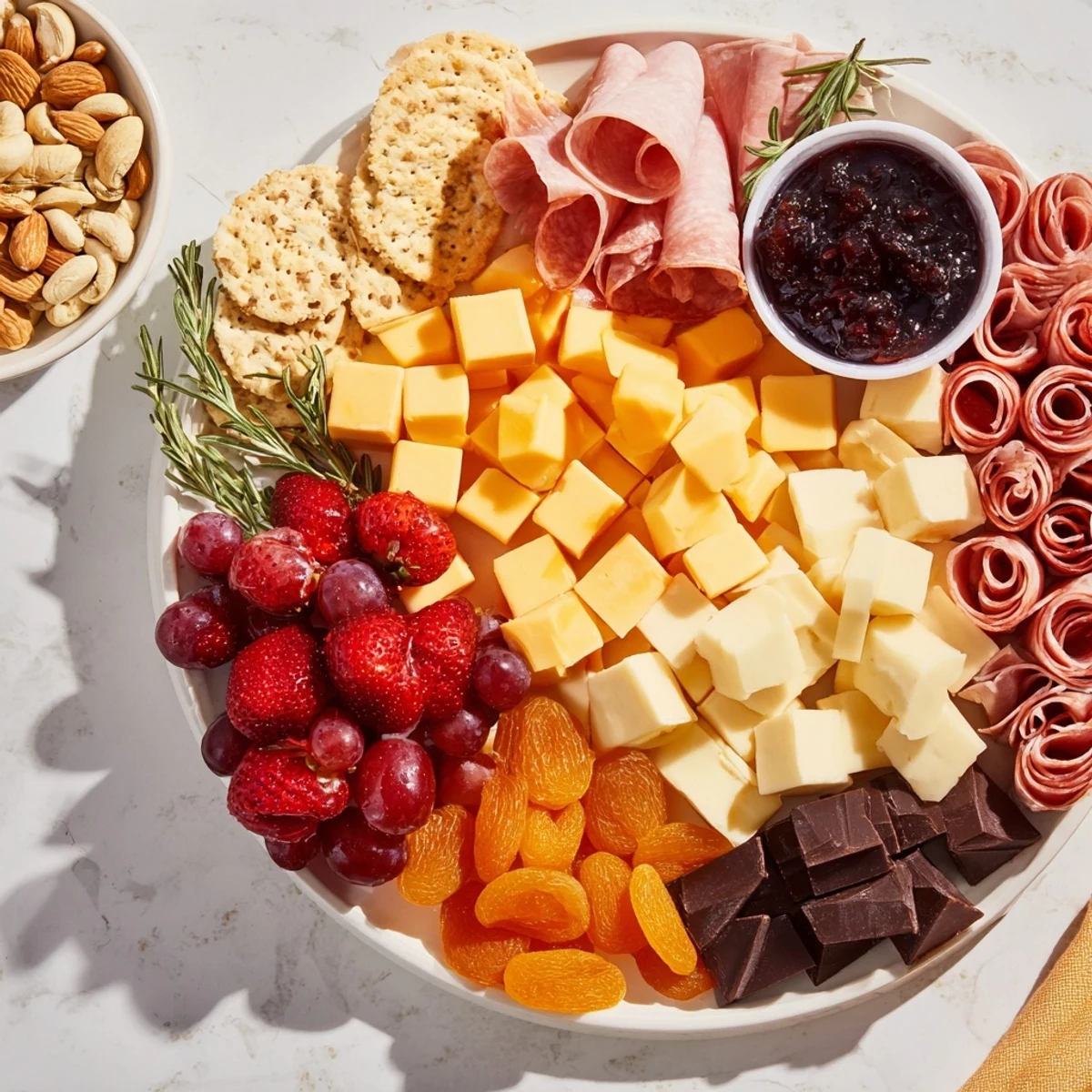 This Anniversary Heirloom Arrangement photo shows a celebratory charcuterie board overflowing with flavorful cheeses, fruits, and meats.