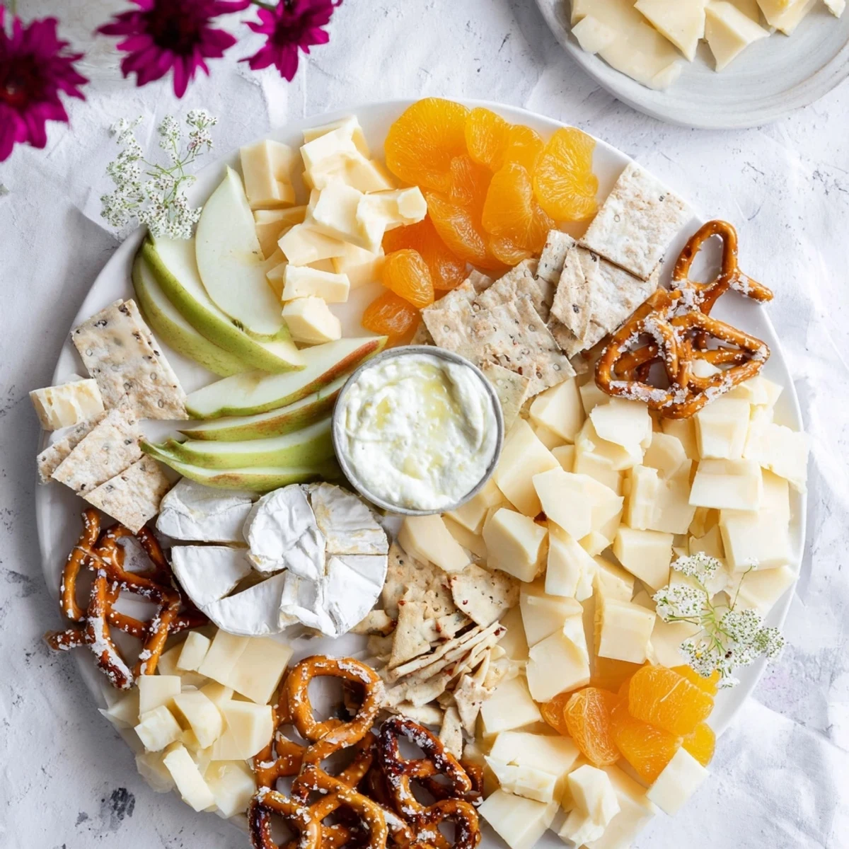 A beautiful Bridal Shower Bubbly Board arrangement features white cheeses, grapes, and pear slices displayed exquisitely.