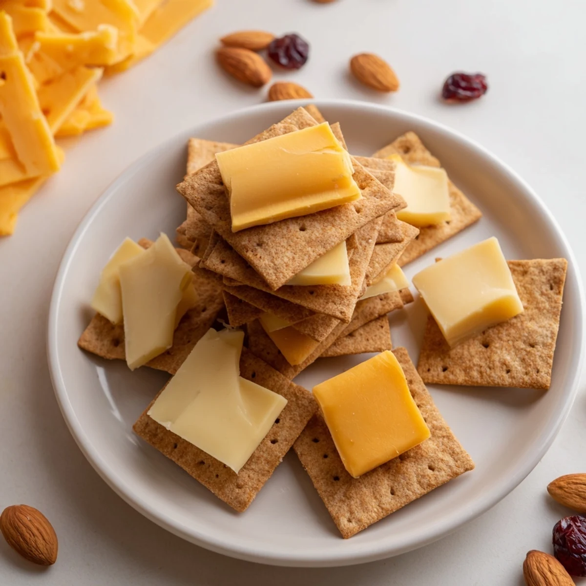 Close-up of the Work From Home Desk Treat: cheese and cracker stacks, a perfect easy snack.