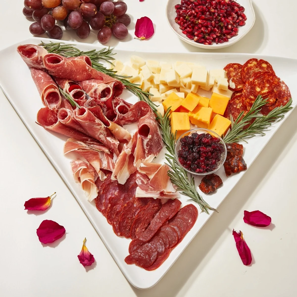 The Crimson Crest charcuterie board features arranged meats, cheese, and vibrant red accents for a feast.