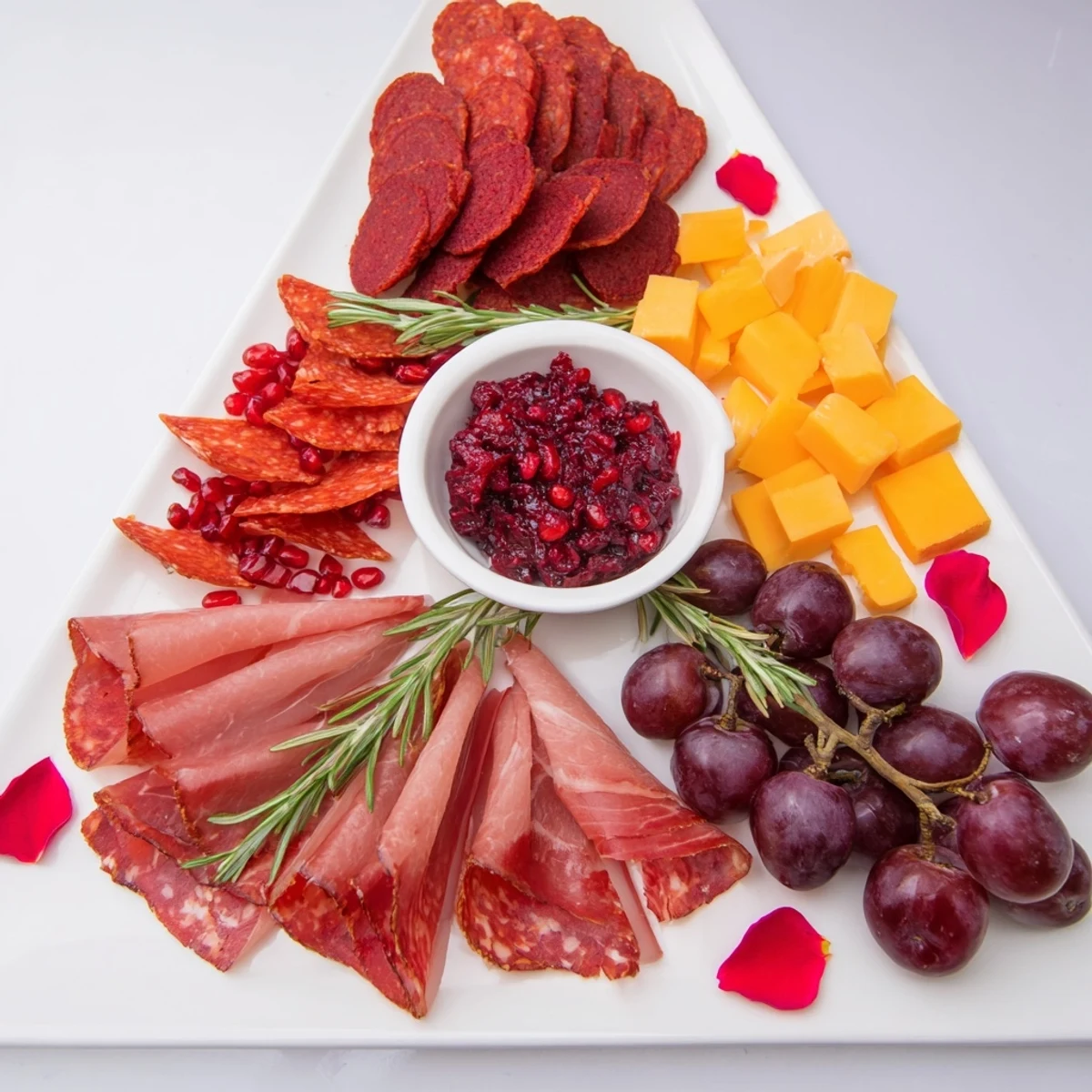 Elegant Crimson Crest: This luxurious charcuterie board offers prosciutto, cheese, and ruby-red garnishes.