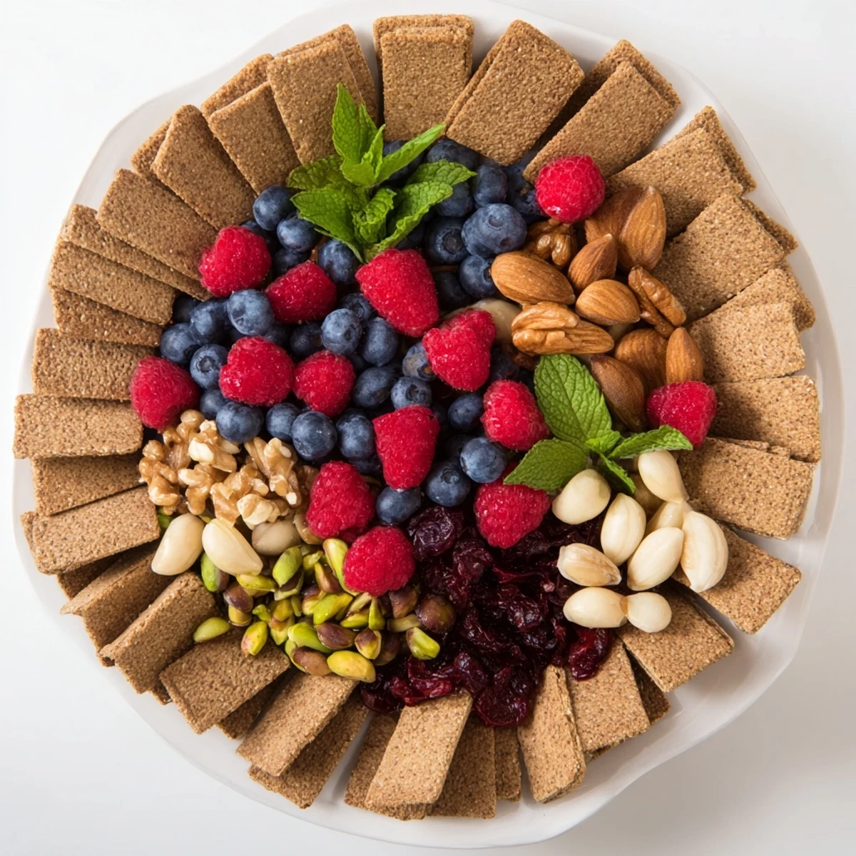 Enjoy a delightful view of The Picket Fence snack platter—a veggie and fruit-filled treat with a cracker barrier.
