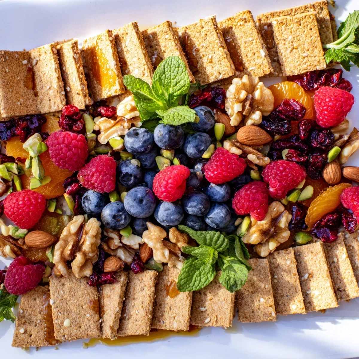 This mouthwatering photo showcases The Picket Fence, a lovely appetizer brimming with fresh berries and crisp crackers.