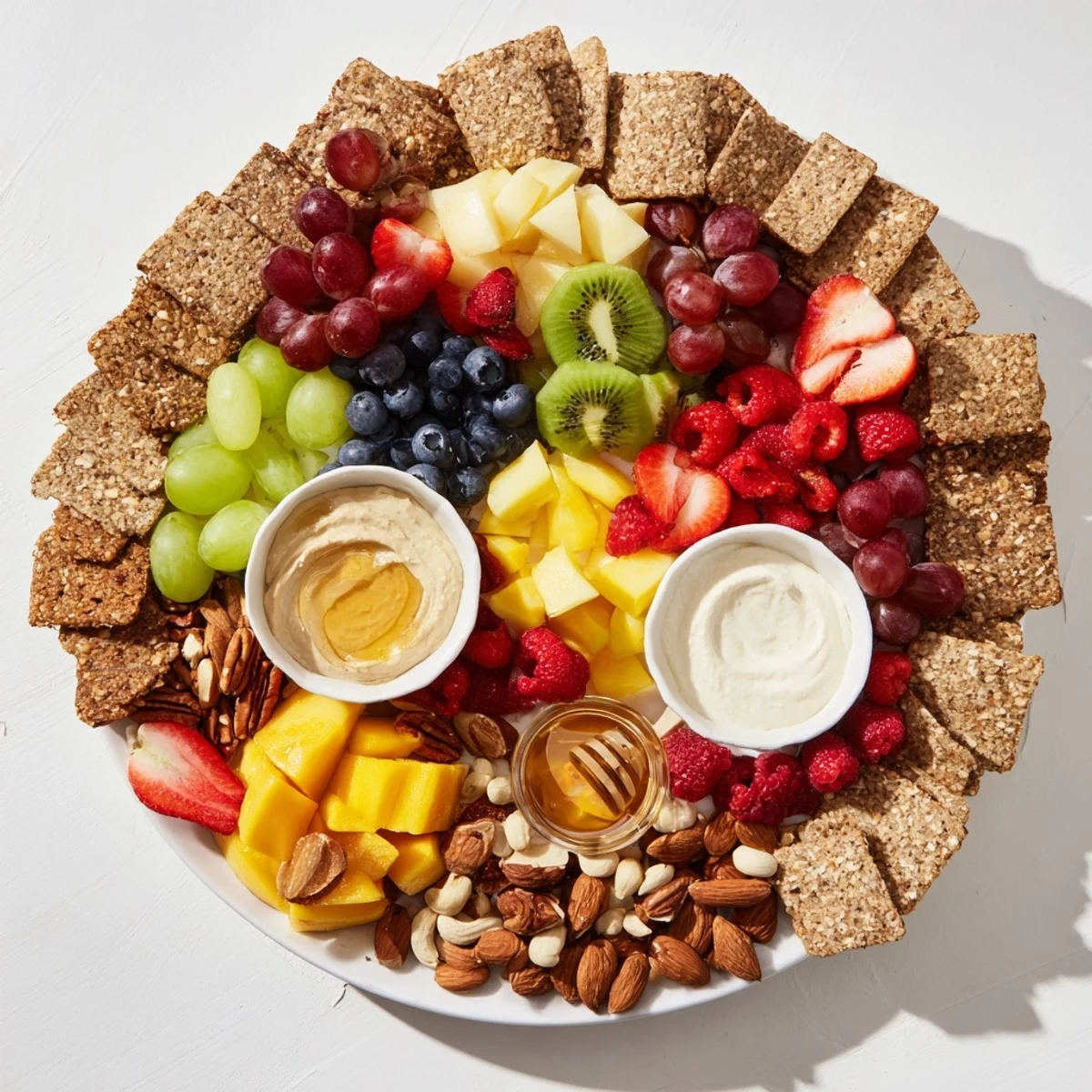 Vibrant Hidden Oasis appetizer: crackers and nuts circle fruits, dips are in the center.