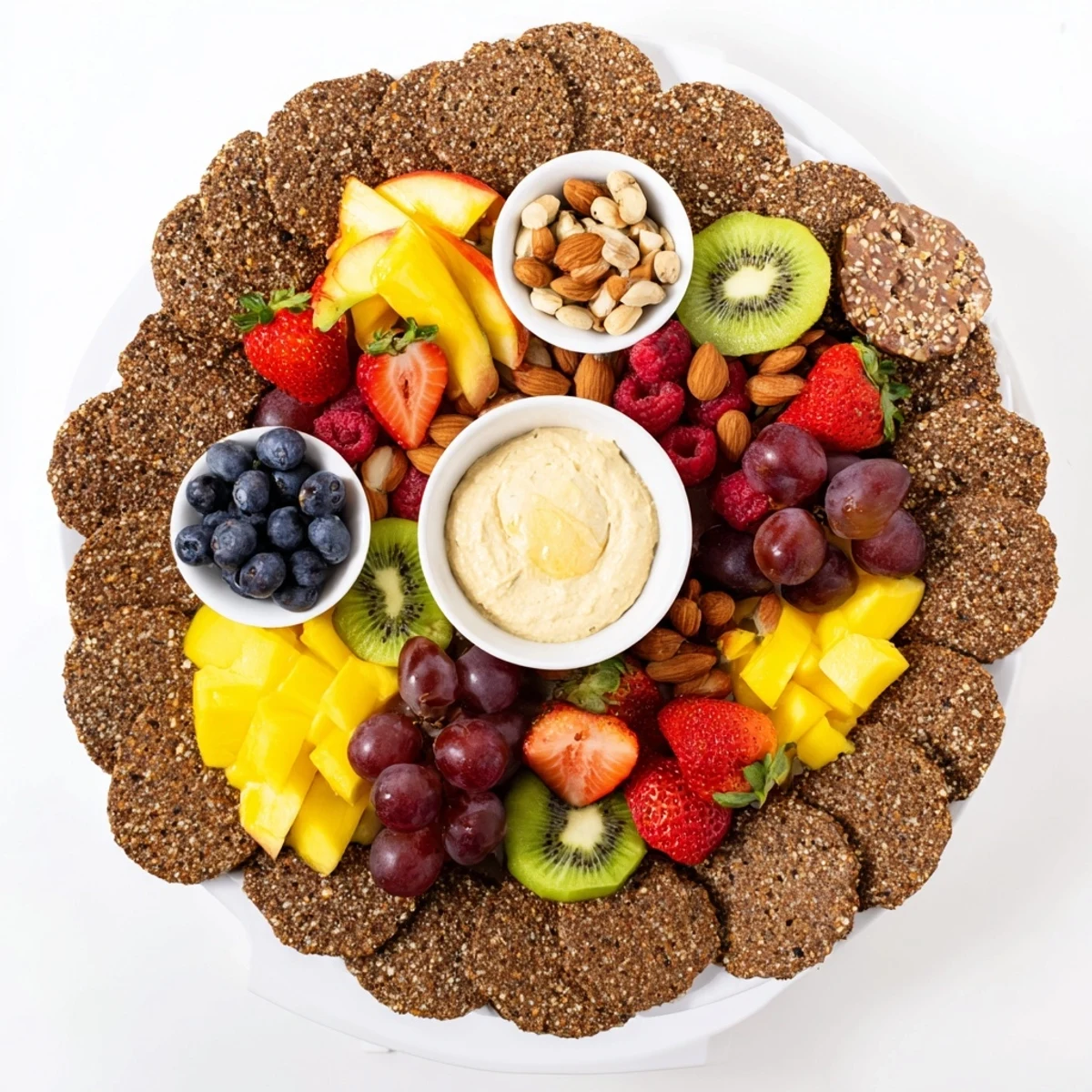 The Hidden Oasis appetizer: colorful fruits with creamy dips surrounded by crackers and nuts, shared.