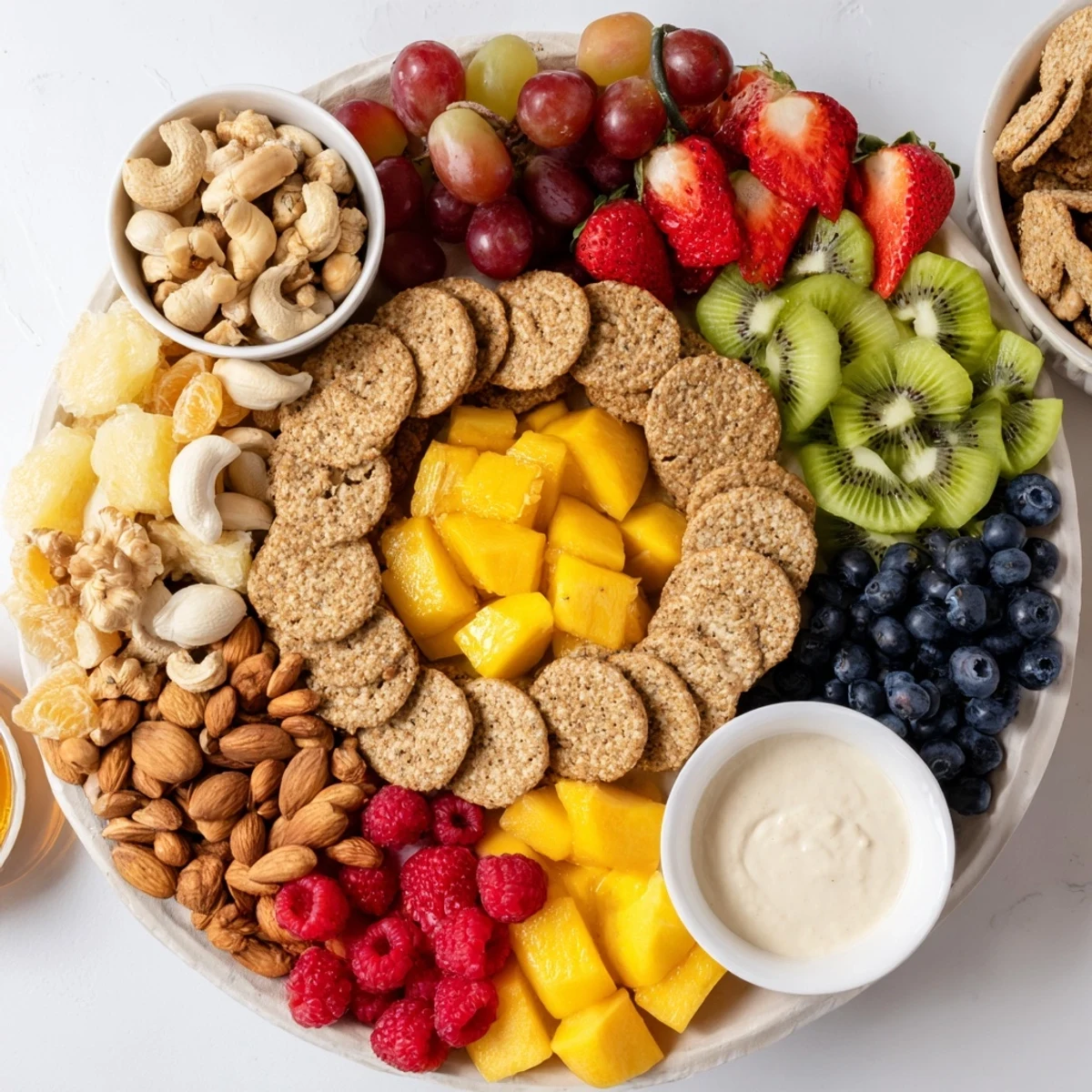 A delicious Hidden Oasis platter; a beautiful arrangement of fruit, nuts, crackers, and dips served.