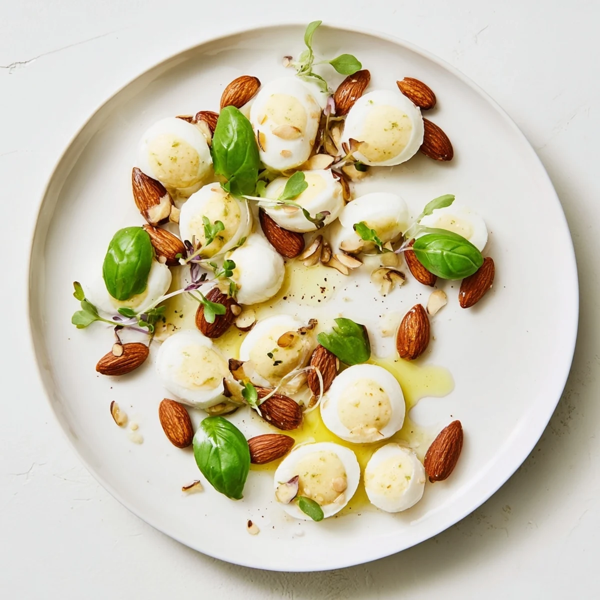 Enjoy a close-up of The Polished Pebble, a visually appealing appetizer featuring oval cheeses and roasted almonds.