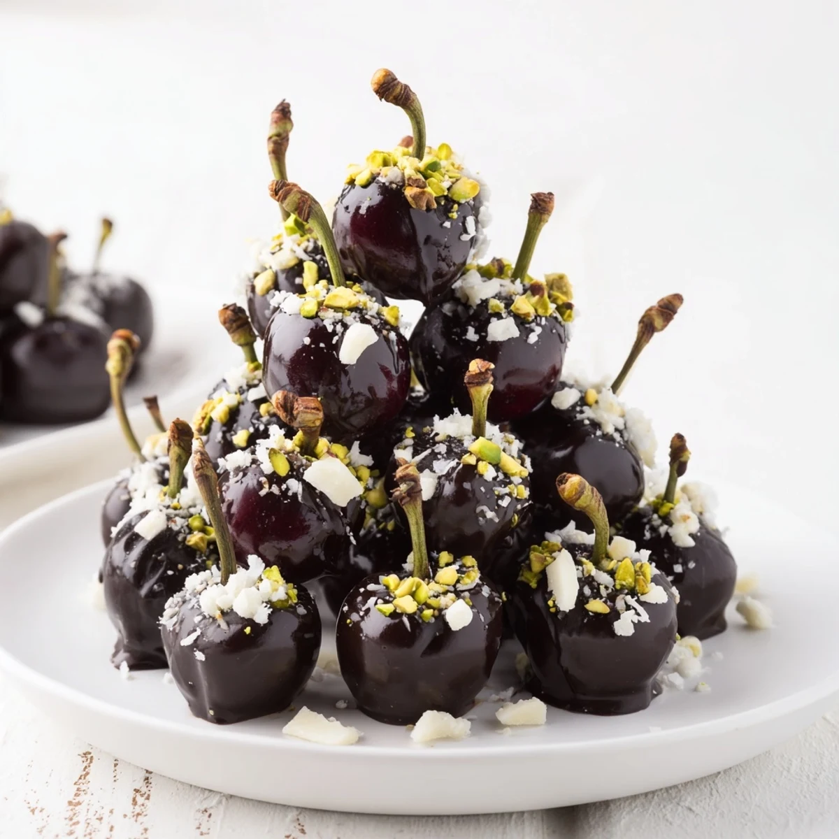 Rich chocolate-covered cherry dessert bites arranged into an elegant pyramid, perfect for entertaining.