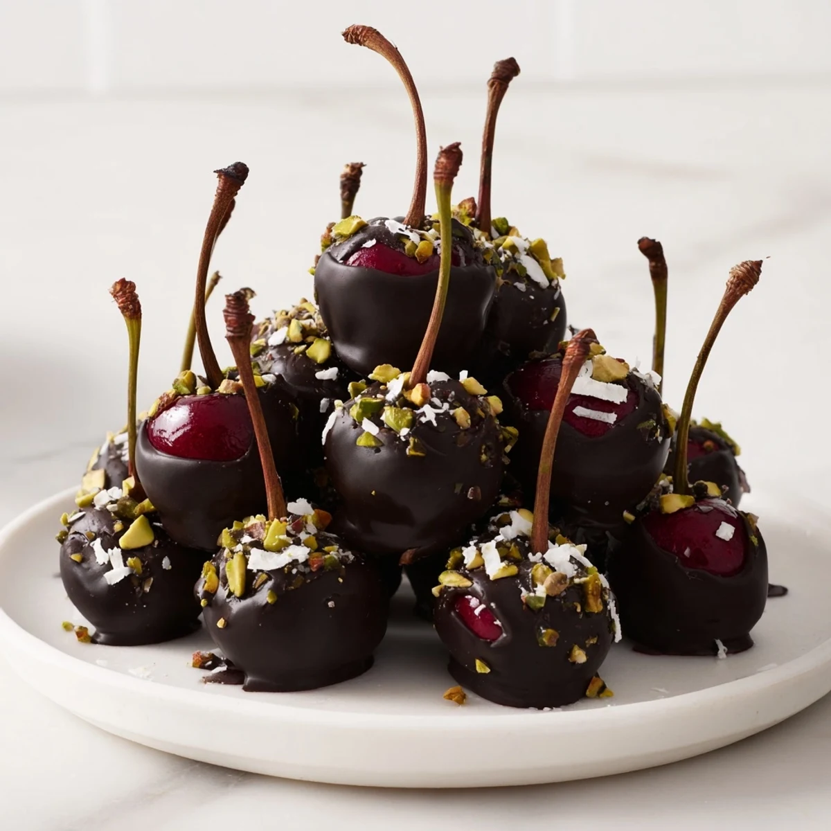 Beautiful pyramid of vibrant chocolate-covered cherry dessert bites, a delightful vegetarian dessert option.