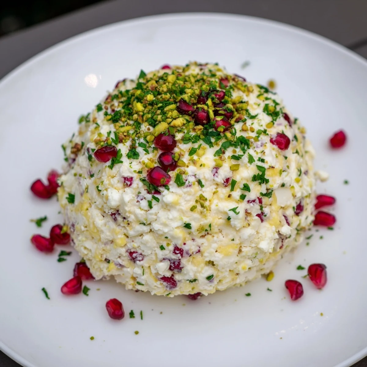 Festive Royal Orb cheese ball featuring creamy cheeses, vibrant pomegranate seeds, and crunchy pistachios: delicious!