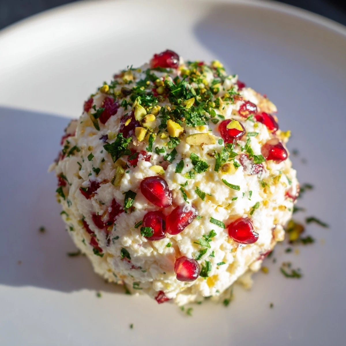 A gourmet platter displays the rich Royal Orb cheese ball with a sparkling, jeweled pomegranate and pistachio coating.