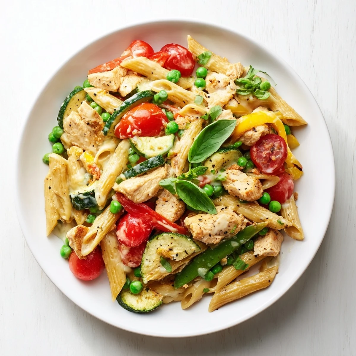 Close-up on the delicious The Last Bite Chicken Pasta, showing tender chicken and colorful vegetables.