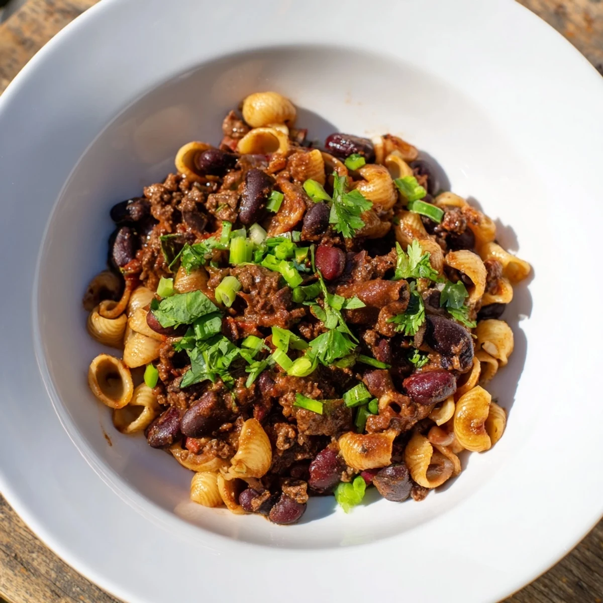 Steaming bowl of one-pot ditalini with hot cocoa chili, garnished with fresh cilantro and green onions.