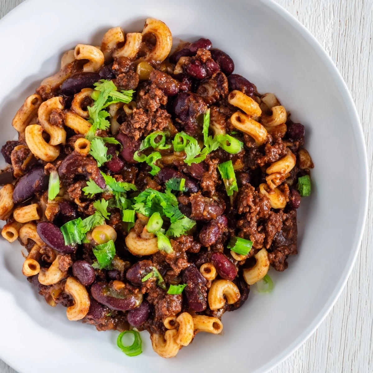 A close-up shot of rich and savory one-pot ditalini with hot cocoa chili, ready to eat.