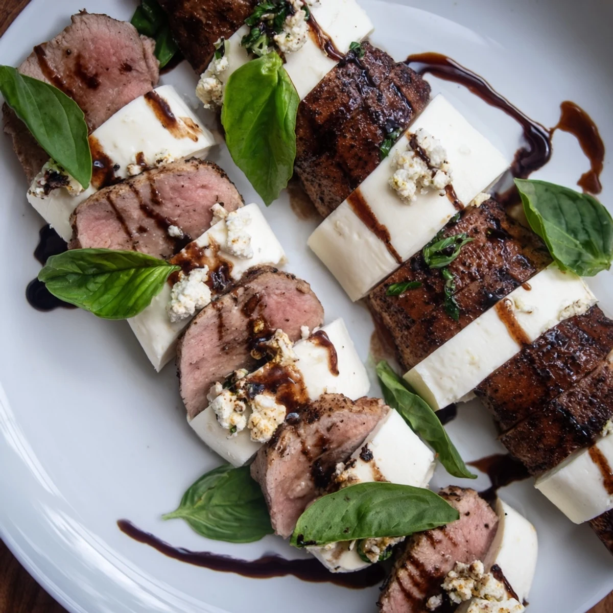 This appealing photo features fresh mozzarella and feta in the Safari Stripes recipe, drizzled with glaze.