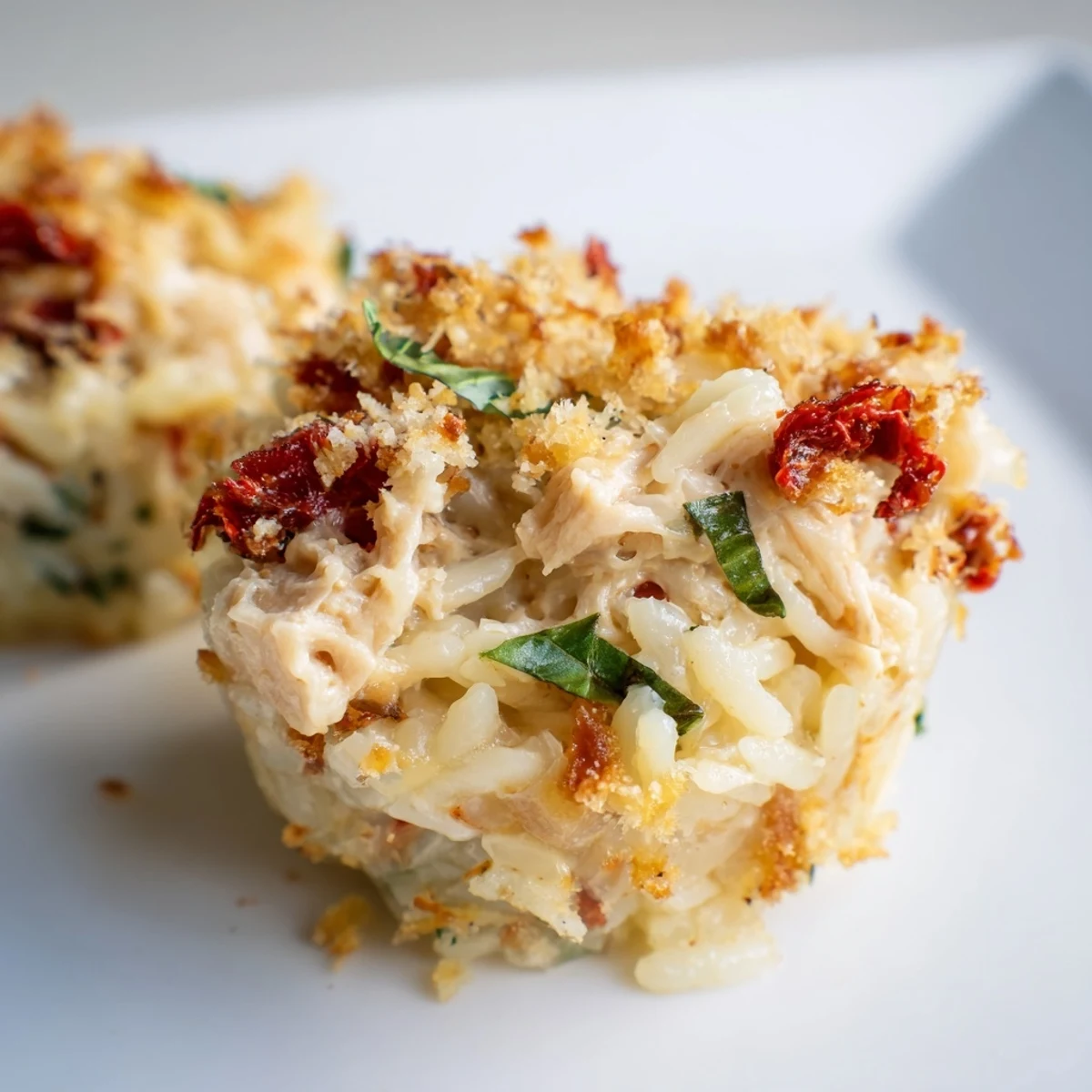 Visualizing twelve baked, bubbling Marry Me Chicken Sushi Bake Cups, topped with crispy breadcrumbs and fresh basil.