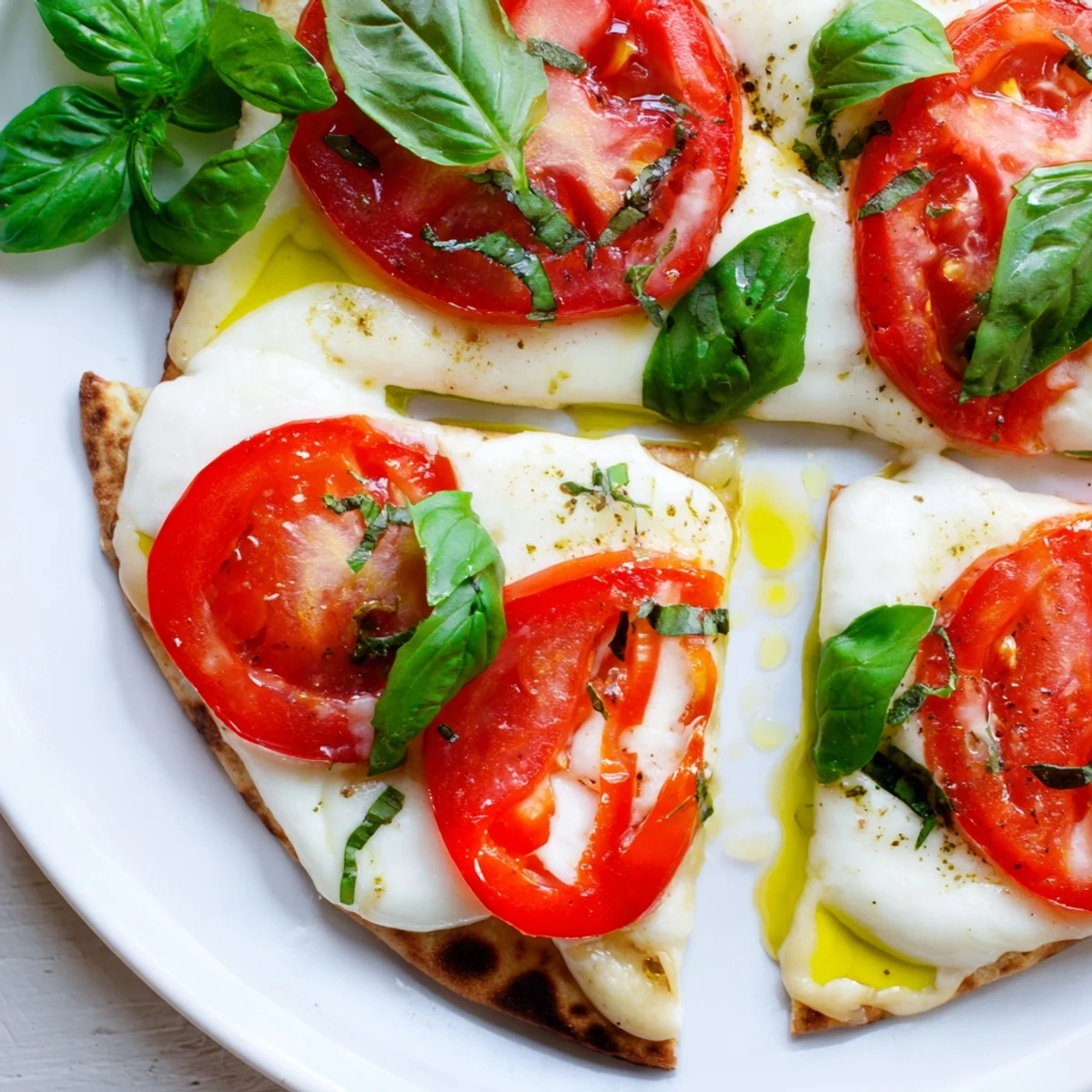 Quick Margherita Naan Pizza with melted mozzarella, fresh basil, and juicy tomatoes on golden naan.