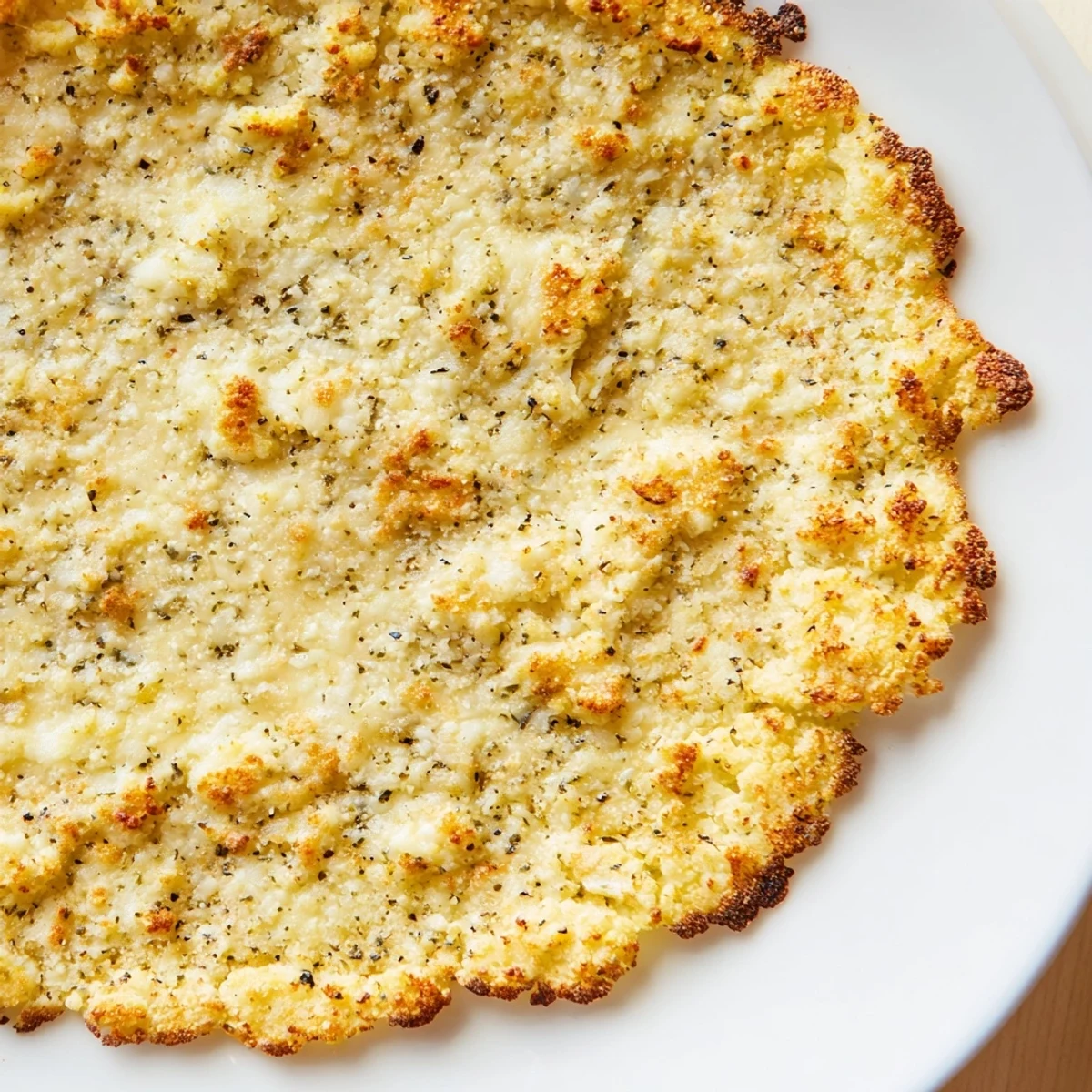 A freshly baked cauliflower pizza crust, fragrant with herbs, ready for tomato sauce and cheese.