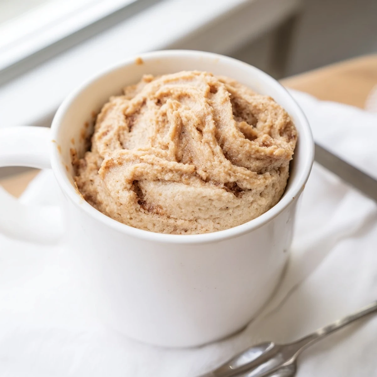 Enjoy a single serving of delicious 2-Minute Peanut Butter Mug Cake, topped with a scoop of vanilla ice cream.