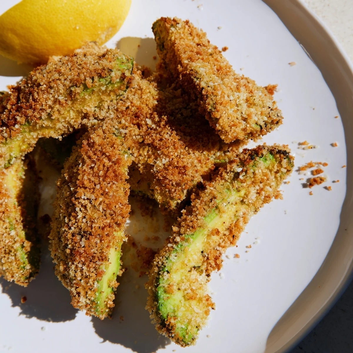 Golden, crispy baked avocado fries served with a creamy dipping sauce, ready to enjoy.