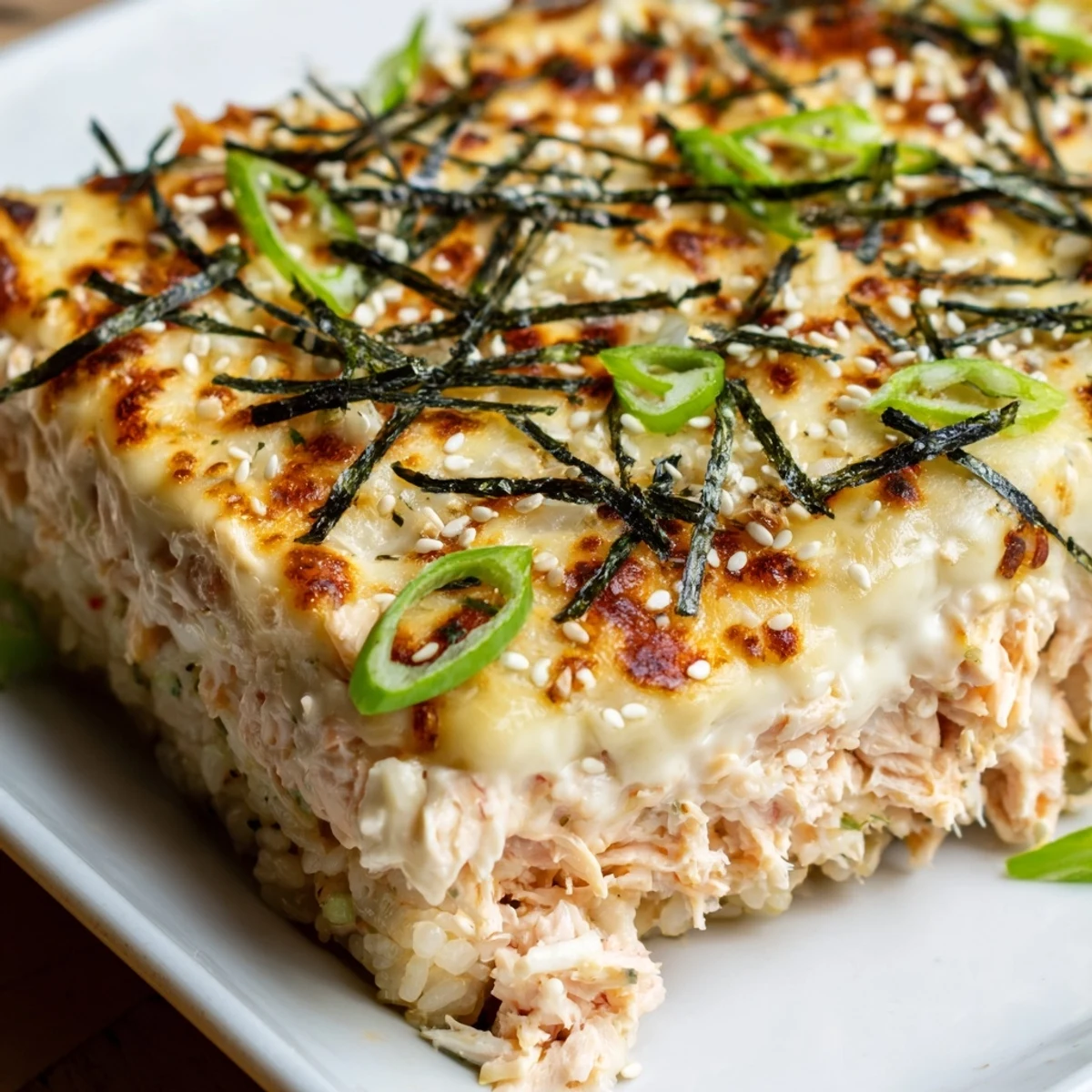 A close-up shot of a flavorful Creamy Salmon Sushi Bake served with nori strips and avocado slices.