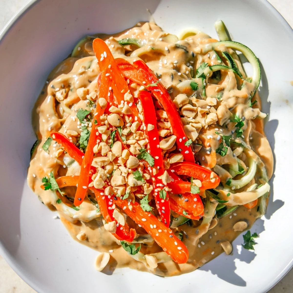 Bright Zesty Peanut Zucchini Noodles bowl with colorful vegetables and creamy, glossy peanut sauce.