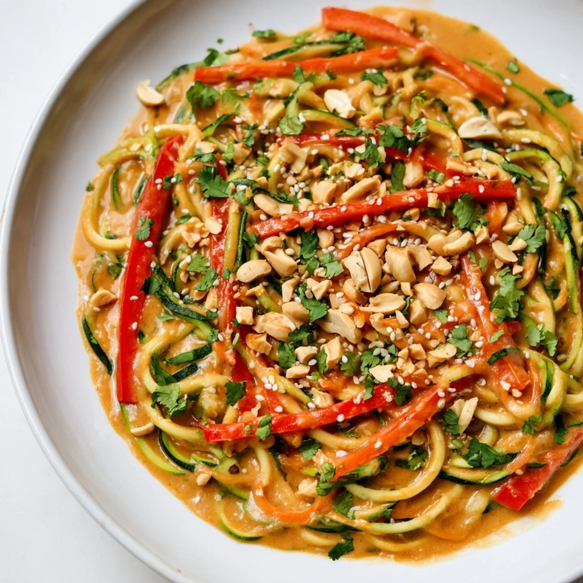 Cool, refreshing Zesty Peanut Zucchini Noodles, a delightful vegetarian meal, topped with cilantro and sesame seeds.