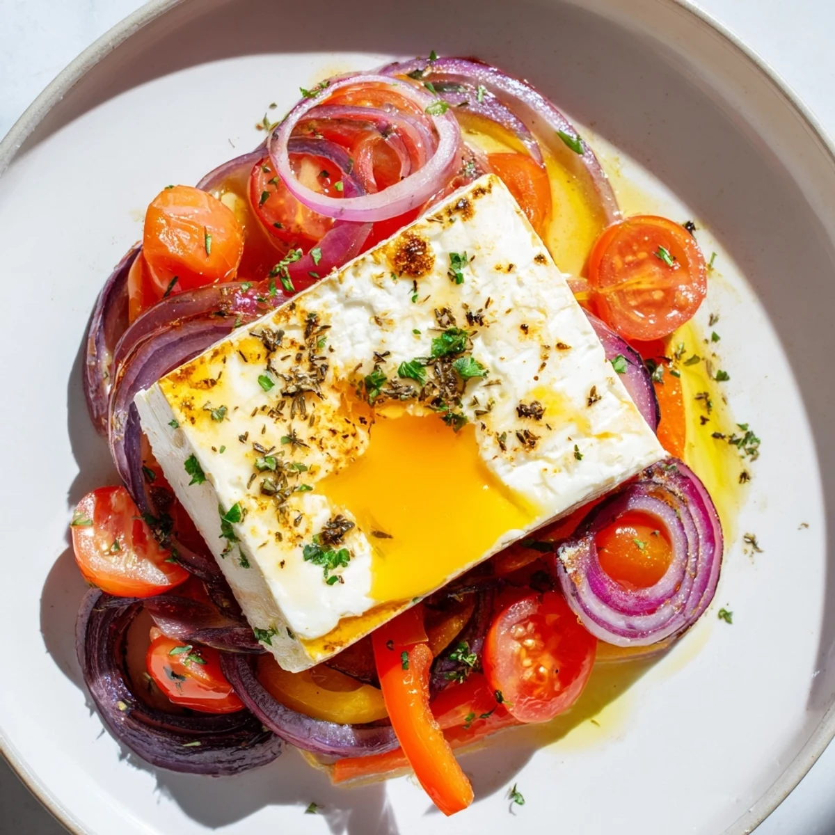 Mediterranean Baked Feta & Eggs: A close-up view of the baked feta nestling among vibrant, roasted tomatoes and peppers.