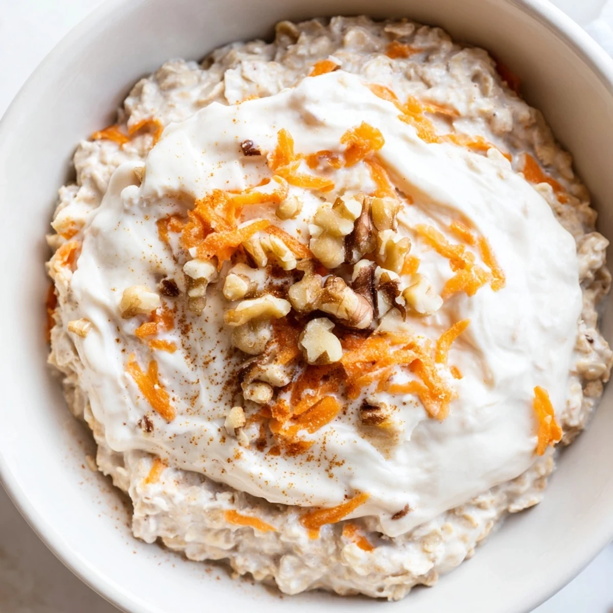 Overnight oats recipe showcasing a jar of Carrot Cake Overnight Oats with a swirl of cream cheese frosting.