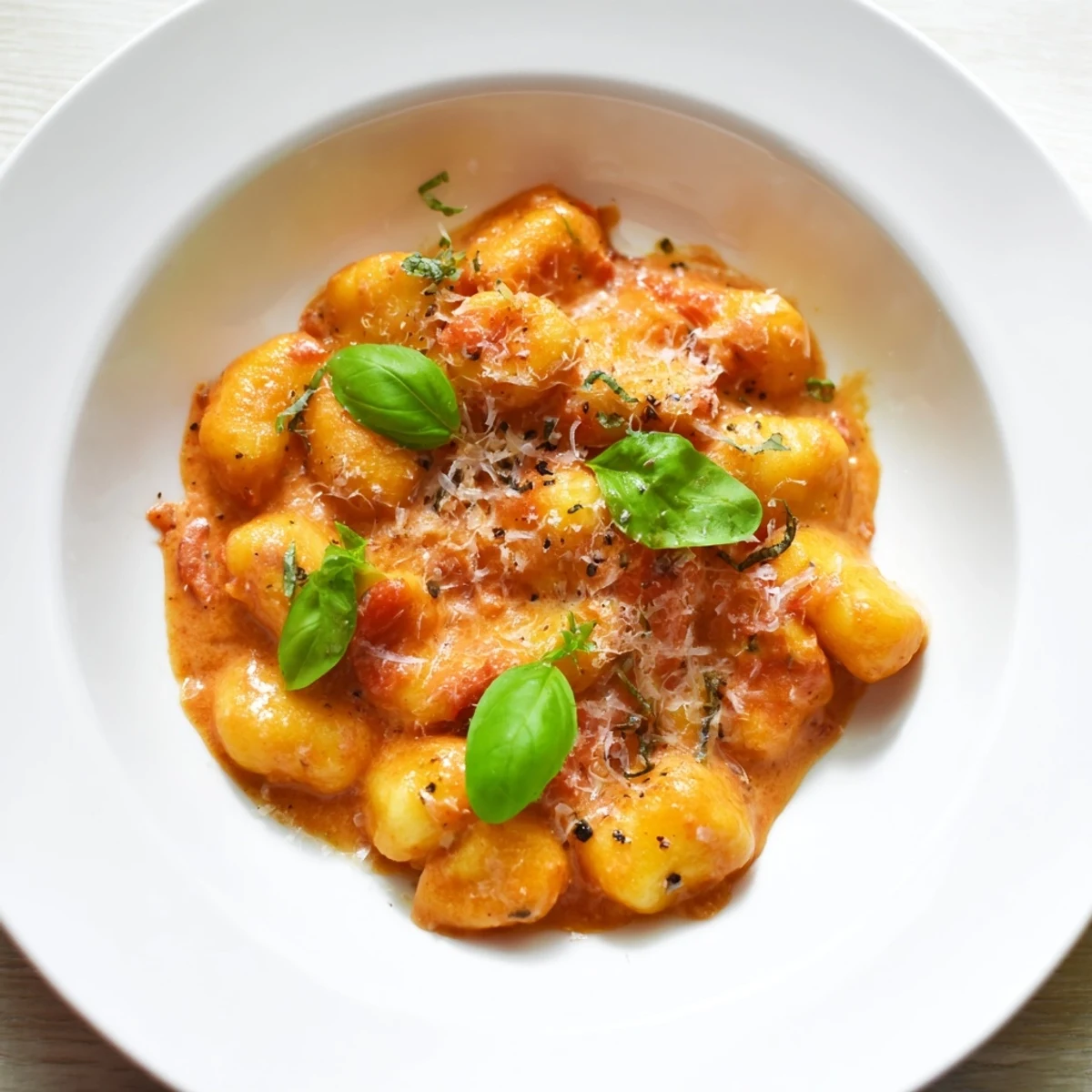Warm, creamy Creamy Tomato Gnocchi, garnished with basil and Parmesan, is ready to be devoured.