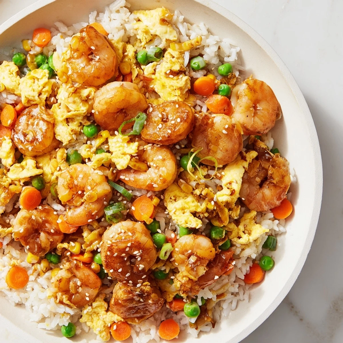 Golden shrimp fried rice with plump shrimp and fluffy rice, ready to eat.