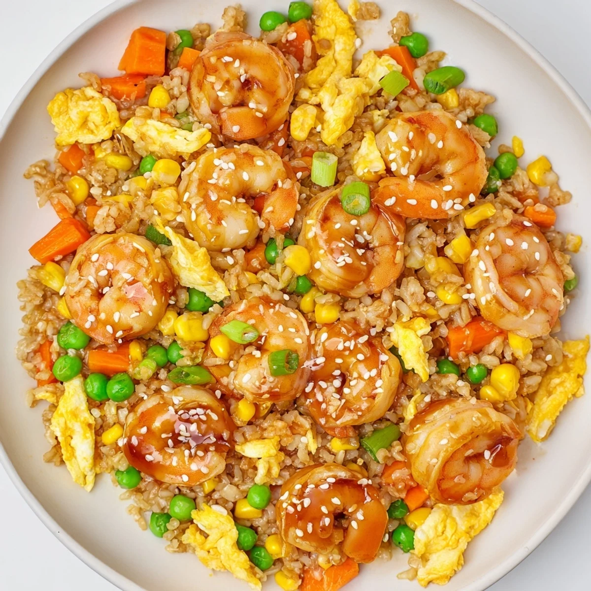 Savory shrimp fried rice topped with scallions and sesame seeds, a tasty Asian meal.