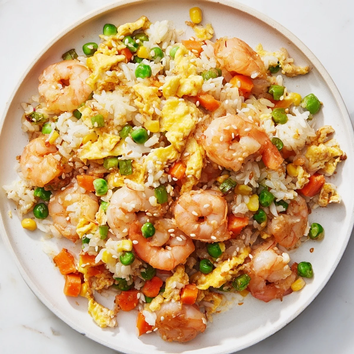Steaming plate of shrimp fried rice, a quick and easy weeknight dinner recipe.