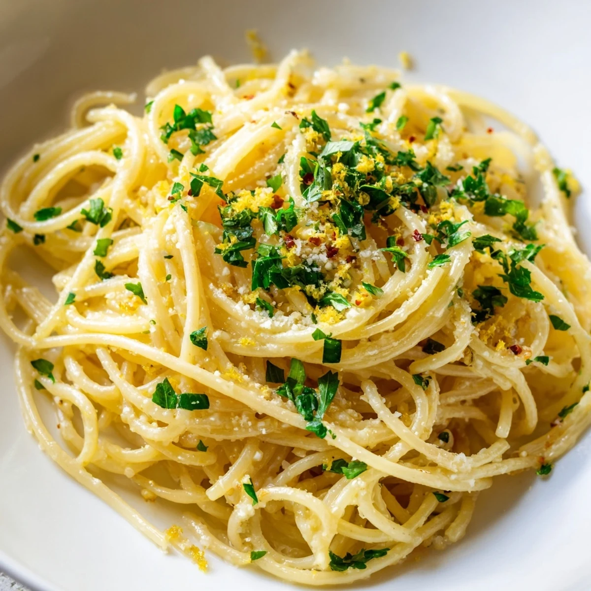 Golden-brown garlic butter noodles, ready to eat, with fresh parsley and Parmesan toppings.