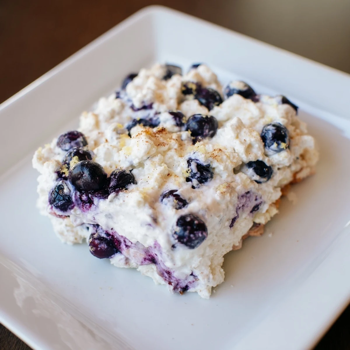 Golden-brown Blueberry Cottage Cheese Bake, baked to fluffy perfection, with visible bursts of juicy blueberries.