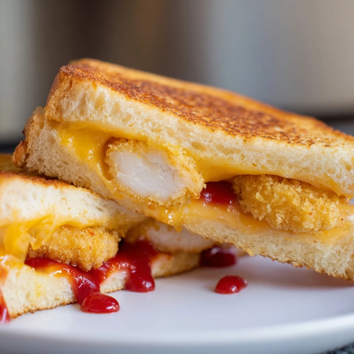 Golden brown Chicken Nugget Grilled Cheese sandwich, cheese oozing invitingly, a fun American comfort food.