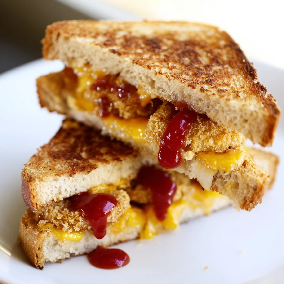 Melted cheese surrounds crispy chicken nuggets inside a Chicken Nugget Grilled Cheese, ready to eat!