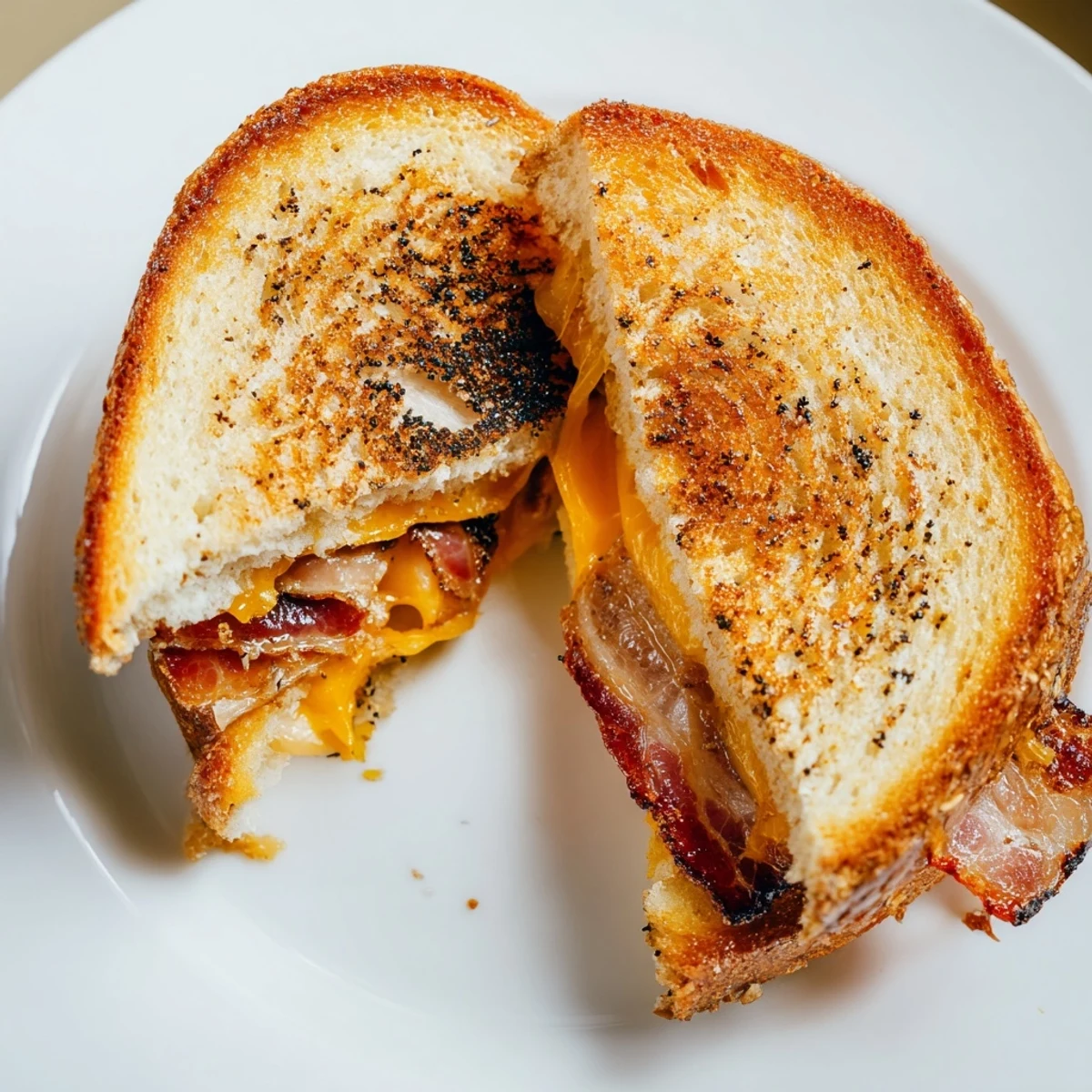 Imagine this: a golden browned Crispy Bacon Cheddar Grilled Cheese, oozing cheese and crispy bacon.