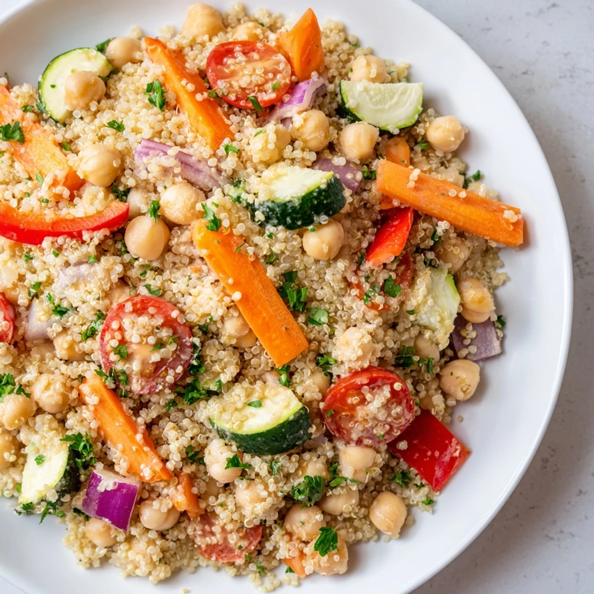 Vibrant quinoa power salad with roasted vegetables, drizzled with creamy tahini lemon dressing.