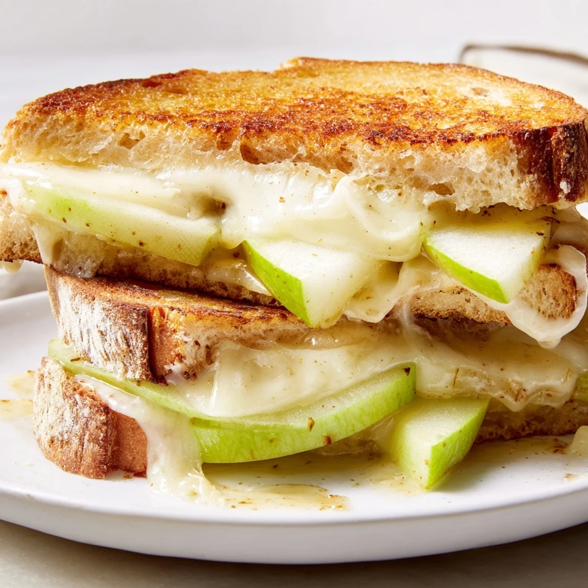 Golden melted Brie and apple grilled cheese—a gourmet sandwich perfectly grilled and ready to enjoy.