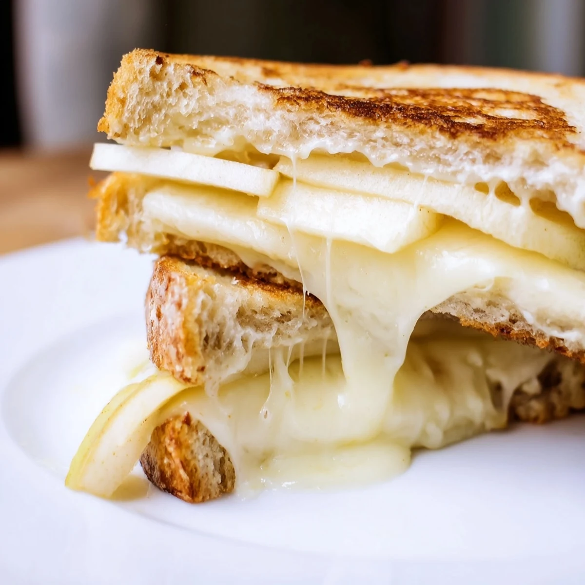 Crisp apple and creamy Brie grilled cheese sandwich, oozing with melted cheese inside toasty bread.