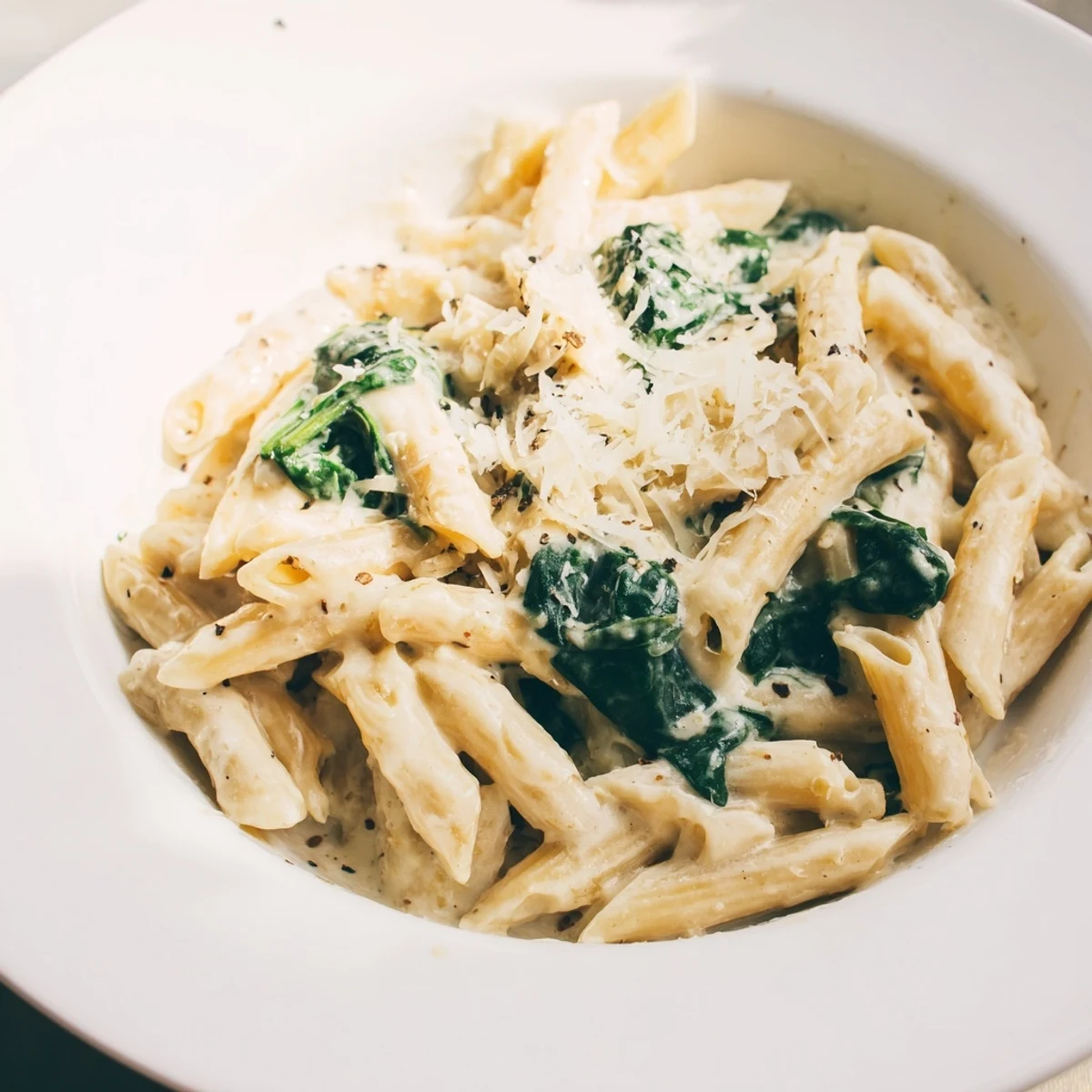 Creamy spinach pasta glistening with a rich cream sauce, ready to be twirled on a fork.
