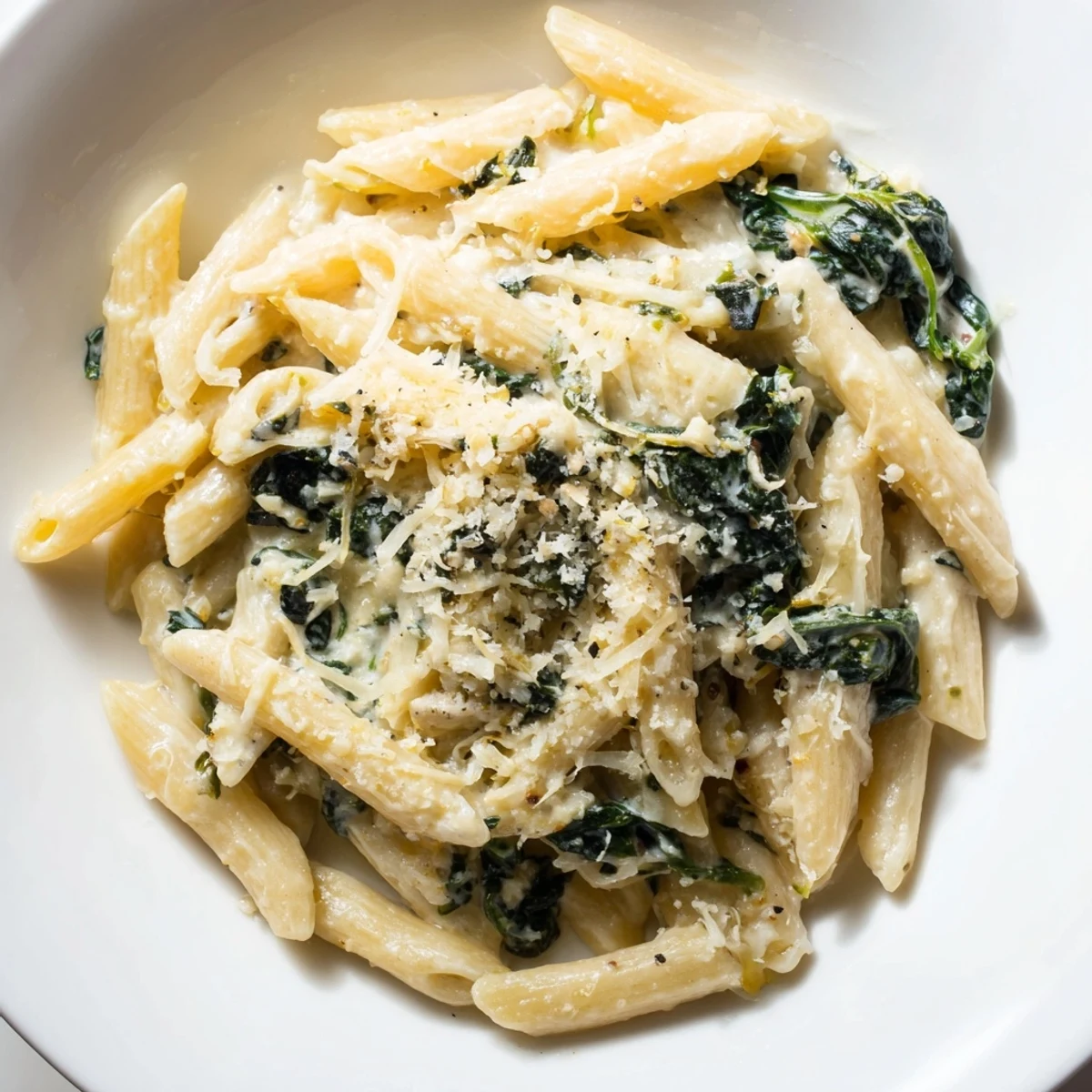 Golden penne coated in creamy spinach pasta sauce, inviting you to enjoy this comforting dish.