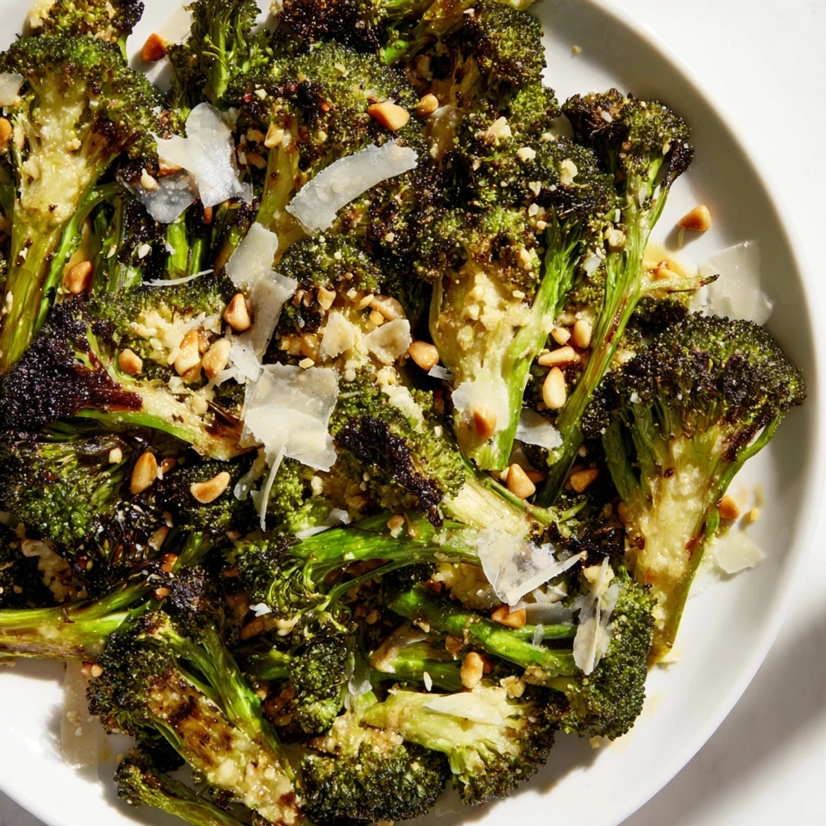 Smoky, charred broccoli salad with Parmesan: a delicious vegetarian side dish, ready to enjoy.
