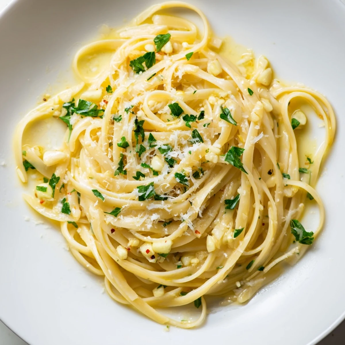 Golden garlic butter linguine, glistening with parsley, is a comforting Italian pasta dish.