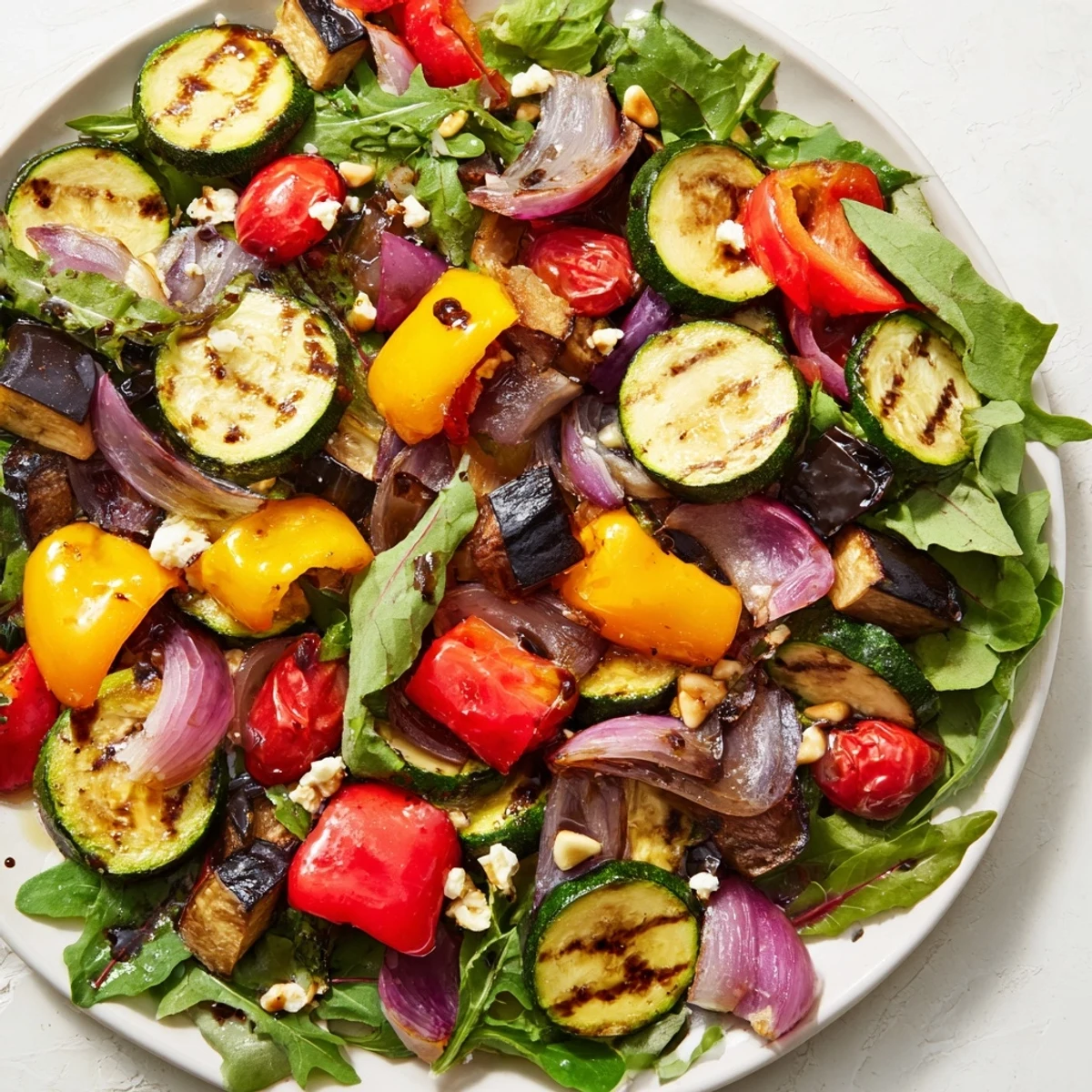 Enjoy a healthy Roasted Vegetable Salad with balsamic dressing, garnished with toasted nuts.