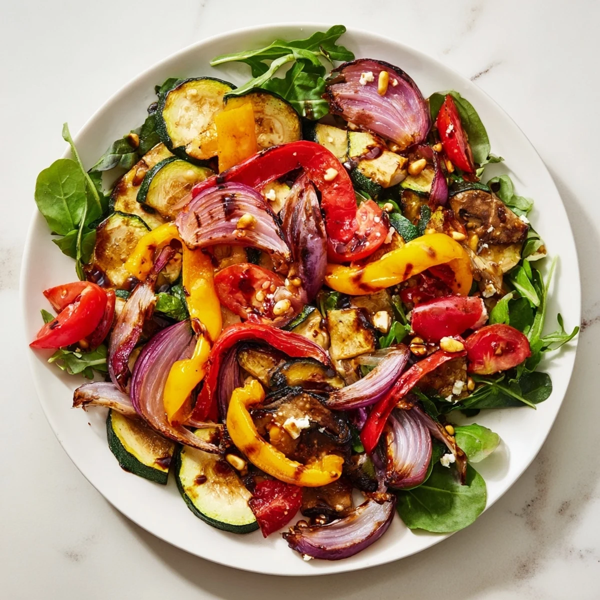 Photo of a colorful Roasted Vegetable Salad, with tender roasted veggies atop fresh greens.