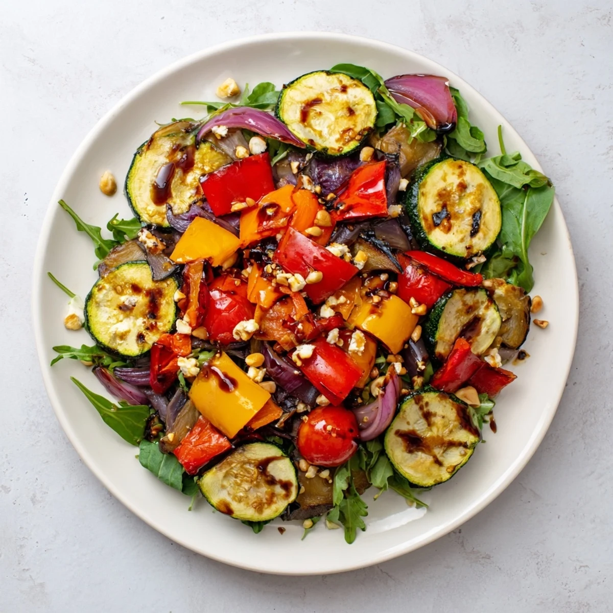 Vibrant plate of Roasted Vegetable Salad, presenting warm, caramelized vegetables atop fresh salad.