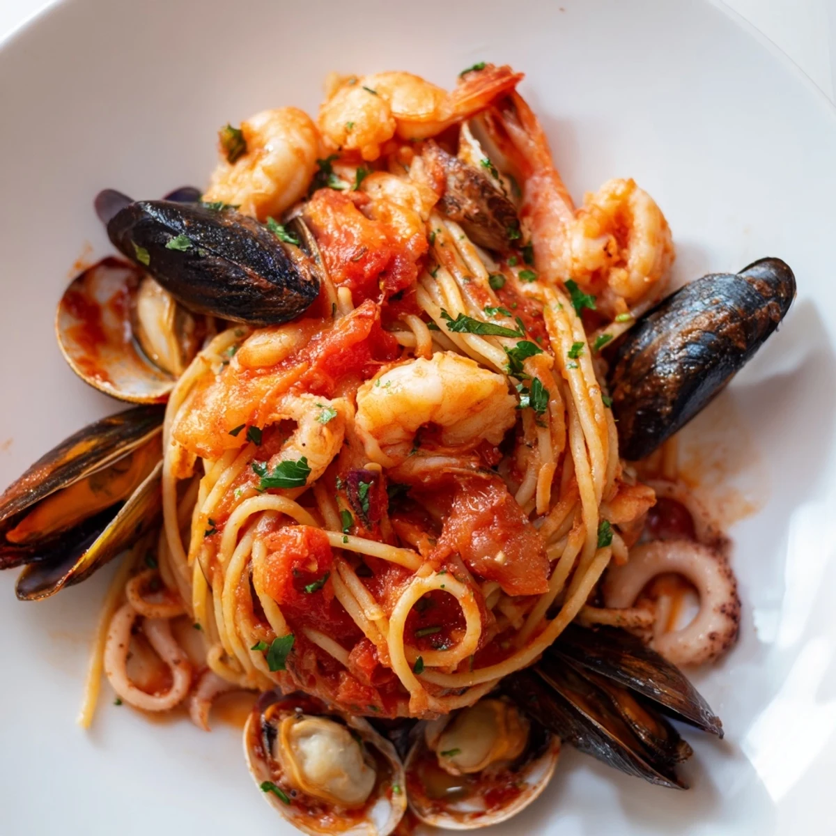 Steaming Seafood Marinara Pasta, featuring plump shrimp and mussels in a flavorful tomato sauce.